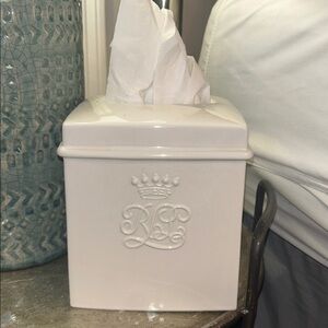 Beautiful Ralph Lauren White Ceramic tissue box lid with Embossed Logo & crown